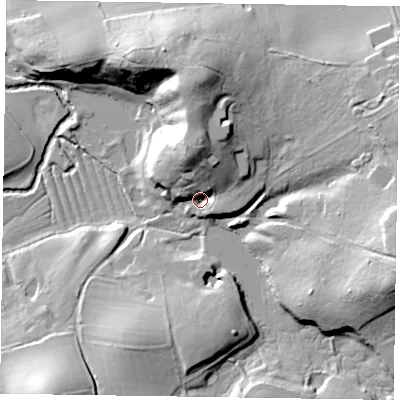 Shaded relief map of the ground around GU102QQ, computed from Environment Agency LiDAR. The ground here sits at about 67 m above sea level and falls 32 m across the surrounding 800 m. Surface water reaching this point runs off ground lying to the north, 20.4 m higher.