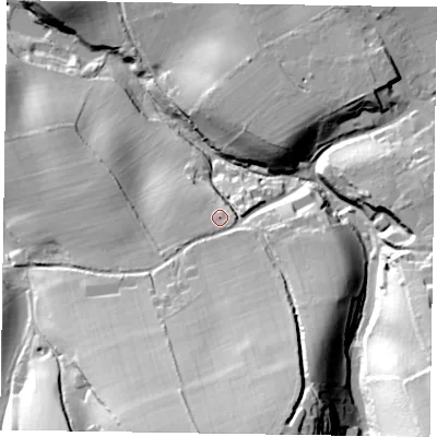 Shaded relief map of the ground around GU102QU, computed from Environment Agency LiDAR. The ground here sits at about 100 m above sea level and falls 57 m across the surrounding 800 m. Surface water reaching this point runs off ground lying to the south-south-east, 11.8 m higher.