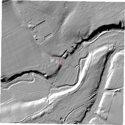 Shaded relief map of the ground around GU103BS, computed from Environment Agency LiDAR. The ground here sits at about 53 m above sea level and falls 18 m across the surrounding 800 m. Surface water reaching this point runs off ground lying to the north-north-west, 15.7 m higher.
