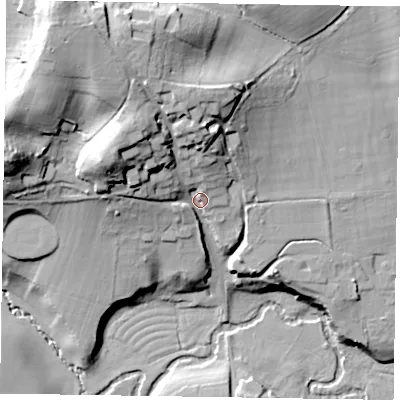 Shaded relief map of the ground around GU103DJ, computed from Environment Agency LiDAR. The ground here sits at about 69 m above sea level and falls 41 m across the surrounding 800 m. Surface water reaching this point runs off ground lying to the north-west, 25.8 m higher.