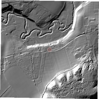 Shaded relief map of the ground around GU103DU, computed from Environment Agency LiDAR. The ground here sits at about 61 m above sea level and falls 32 m across the surrounding 800 m. Surface water reaching this point runs off ground lying to the south-south-east, 23.9 m higher.