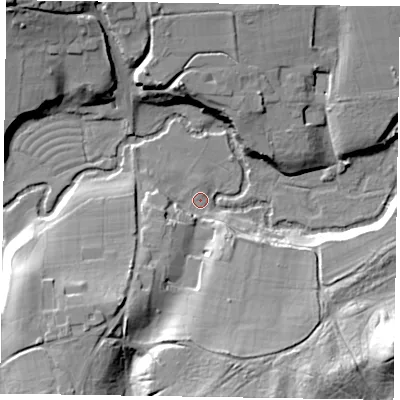 Shaded relief map of the ground around GU103DW, computed from Environment Agency LiDAR. The ground here sits at about 53 m above sea level and falls 31 m across the surrounding 800 m. Surface water reaching this point runs off ground lying to the south, 17.8 m higher.