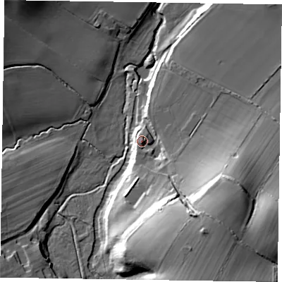 Shaded relief map of the ground around GU103EE, computed from Environment Agency LiDAR. The ground here sits at about 63 m above sea level and falls 31 m across the surrounding 800 m. Surface water reaching this point runs off ground lying to the south-south-east, 2.4 m higher.
