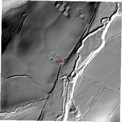 Shaded relief map of the ground around GU103EG, computed from Environment Agency LiDAR. The ground here sits at about 59 m above sea level and falls 46 m across the surrounding 800 m. Surface water reaching this point runs off ground lying to the north-west, 3.7 m higher.