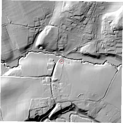 Shaded relief map of the ground around GU103EJ, computed from Environment Agency LiDAR. The ground here sits at about 59 m above sea level and falls 34 m across the surrounding 800 m. Surface water reaching this point runs off ground lying to the south-west, 26.8 m higher.