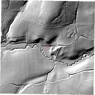 Shaded relief map of the ground around GU103EP, computed from Environment Agency LiDAR. The ground here sits at about 66 m above sea level and falls 52 m across the surrounding 800 m. Surface water reaching this point runs off ground lying to the north, 43.0 m higher.