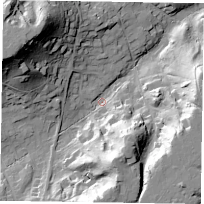 Shaded relief map of the ground around GU103HA, computed from Environment Agency LiDAR. The ground here sits at about 67 m above sea level and falls 52 m across the surrounding 800 m. Surface water reaching this point runs off ground lying to the west-north-west, 47.6 m higher.