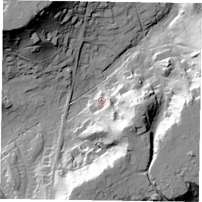 Shaded relief map of the ground around GU103HB, computed from Environment Agency LiDAR. The ground here sits at about 75 m above sea level and falls 50 m across the surrounding 800 m. Surface water reaching this point runs off ground lying to the east-south-east, 11.6 m higher.