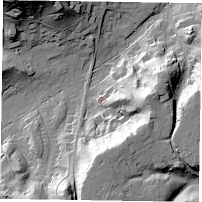 Shaded relief map of the ground around GU103HL, computed from Environment Agency LiDAR. The ground here sits at about 75 m above sea level and falls 46 m across the surrounding 800 m. Surface water reaching this point runs off ground lying to the east, 10.7 m higher.