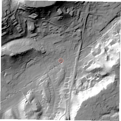 Shaded relief map of the ground around GU103HN, computed from Environment Agency LiDAR. The ground here sits at about 70 m above sea level and falls 49 m across the surrounding 800 m. Surface water reaching this point runs off ground lying to the south, 36.1 m higher.