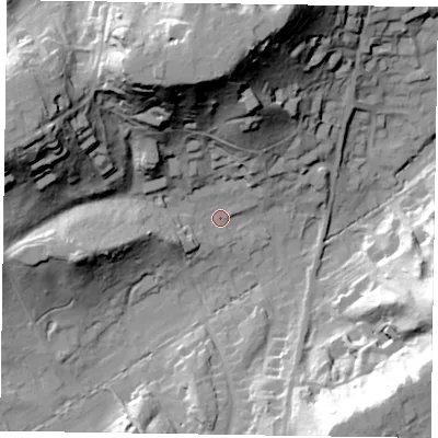 Shaded relief map of the ground around GU103HP, computed from Environment Agency LiDAR. The ground here sits at about 72 m above sea level and falls 48 m across the surrounding 800 m. Surface water reaching this point runs off ground lying to the north-north-west, 43.4 m higher.