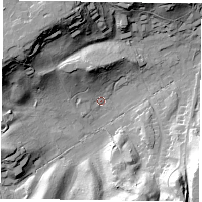 Shaded relief map of the ground around GU103HT, computed from Environment Agency LiDAR. The ground here sits at about 73 m above sea level and falls 44 m across the surrounding 800 m. Surface water reaching this point runs off ground lying to the north-north-west, 20.9 m higher.