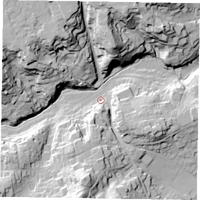Shaded relief map of the ground around GU103NY, computed from Environment Agency LiDAR. The ground here sits at about 74 m above sea level and falls 40 m across the surrounding 800 m. Surface water reaching this point runs off ground lying to the south-south-east, 12.4 m higher.