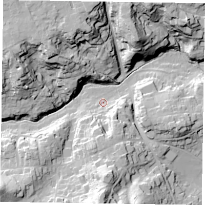 Shaded relief map of the ground around GU103NZ, computed from Environment Agency LiDAR. The ground here sits at about 75 m above sea level and falls 40 m across the surrounding 800 m. Surface water reaching this point runs off ground lying to the south-south-east, 20.7 m higher.