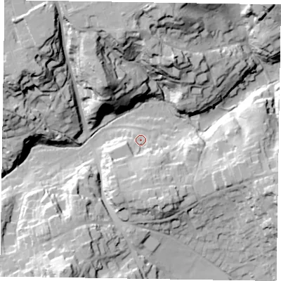 Shaded relief map of the ground around GU103PD, computed from Environment Agency LiDAR. The ground here sits at about 77 m above sea level and falls 41 m across the surrounding 800 m. Surface water reaching this point runs off ground lying to the south, 16.8 m higher.