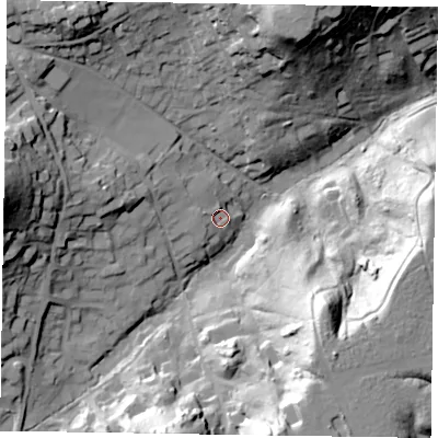 Shaded relief map of the ground around GU103PS, computed from Environment Agency LiDAR. The ground here sits at about 68 m above sea level and falls 44 m across the surrounding 800 m. Surface water reaching this point runs off ground lying to the west-north-west, 4.9 m higher.