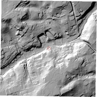 Shaded relief map of the ground around GU103QT, computed from Environment Agency LiDAR. The ground here sits at about 70 m above sea level and falls 45 m across the surrounding 800 m. Surface water reaching this point runs off ground lying to the north-west, 39.5 m higher.
