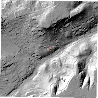 Shaded relief map of the ground around GU103RH, computed from Environment Agency LiDAR. The ground here sits at about 71 m above sea level and falls 44 m across the surrounding 800 m. Surface water reaching this point runs off ground lying to the north, 32.7 m higher.