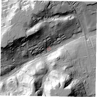 Shaded relief map of the ground around GU103RJ, computed from Environment Agency LiDAR. The ground here sits at about 61 m above sea level and falls 46 m across the surrounding 800 m. Surface water reaching this point runs off ground lying to the south-south-west, 42.6 m higher.