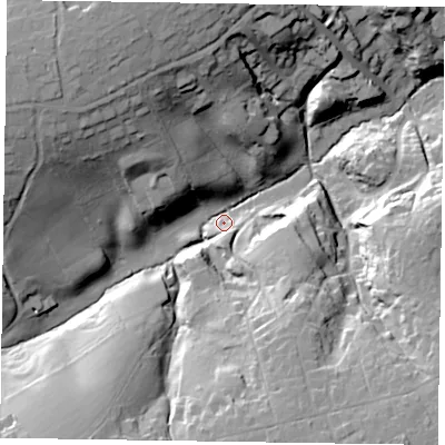 Shaded relief map of the ground around GU104BE, computed from Environment Agency LiDAR. The ground here sits at about 87 m above sea level and falls 37 m across the surrounding 800 m. Surface water reaching this point runs off ground lying to the north-west, 34.3 m higher.