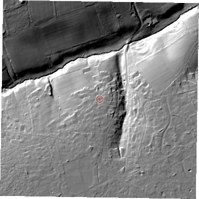 Shaded relief map of the ground around GU104DB, computed from Environment Agency LiDAR. The ground here sits at about 105 m above sea level and falls 32 m across the surrounding 800 m. Surface water reaching this point runs off ground lying to the south, 5.3 m higher.