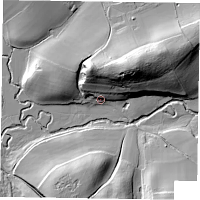 Shaded relief map of the ground around GU104HH, computed from Environment Agency LiDAR. The ground here sits at about 64 m above sea level and falls 41 m across the surrounding 800 m. Surface water reaching this point runs off ground lying to the north-north-west, 30.2 m higher.
