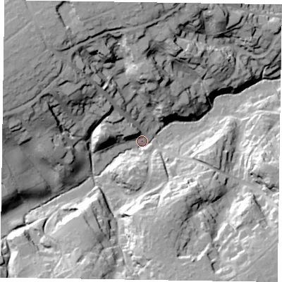 Shaded relief map of the ground around GU104NT, computed from Environment Agency LiDAR. The ground here sits at about 83 m above sea level and falls 38 m across the surrounding 800 m. Surface water reaching this point runs off ground lying to the west-north-west, 36.1 m higher.
