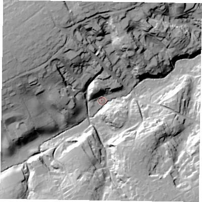 Shaded relief map of the ground around GU104NU, computed from Environment Agency LiDAR. The ground here sits at about 84 m above sea level and falls 38 m across the surrounding 800 m. Surface water reaching this point runs off ground lying to the north-west, 36.1 m higher.
