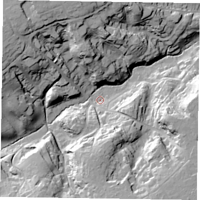Shaded relief map of the ground around GU104NX, computed from Environment Agency LiDAR. The ground here sits at about 83 m above sea level and falls 39 m across the surrounding 800 m. Surface water reaching this point runs off ground lying to the south-south-east, 24.2 m higher.