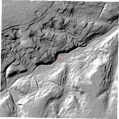 Shaded relief map of the ground around GU104SA, computed from Environment Agency LiDAR. The ground here sits at about 81 m above sea level and falls 39 m across the surrounding 800 m. Surface water reaching this point runs off ground lying to the north-west, 35.8 m higher.