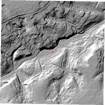 Shaded relief map of the ground around GU104ST, computed from Environment Agency LiDAR. The ground here sits at about 82 m above sea level and falls 39 m across the surrounding 800 m. Surface water reaching this point runs off ground lying to the north-west, 35.5 m higher.