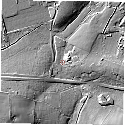 Shaded relief map of the ground around GU105DD, computed from Environment Agency LiDAR. The ground here sits at about 78 m above sea level and falls 19 m across the surrounding 800 m. Surface water reaching this point runs off ground lying to the east, 6.3 m higher.
