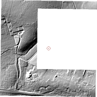 Shaded relief map of the ground around GU105DE, computed from Environment Agency LiDAR. and falls 13 m across the surrounding 800 m.