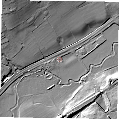 Shaded relief map of the ground around GU105EL, computed from Environment Agency LiDAR. The ground here sits at about 70 m above sea level and falls 31 m across the surrounding 800 m. Surface water reaching this point runs off ground lying to the west-south-west, 4.1 m higher.