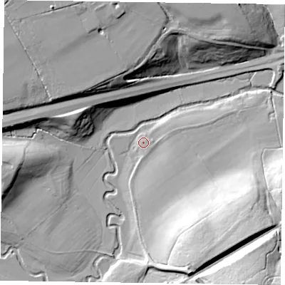 Shaded relief map of the ground around GU105JD, computed from Environment Agency LiDAR. The ground here sits at about 76 m above sea level and falls 30 m across the surrounding 800 m. Surface water reaching this point runs off ground lying to the south-south-east, 21.1 m higher.