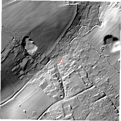 Shaded relief map of the ground around GU105NT, computed from Environment Agency LiDAR. The ground here sits at about 86 m above sea level and falls 17 m across the surrounding 800 m. Surface water reaching this point runs off ground lying to the south-south-east, 14.7 m higher.