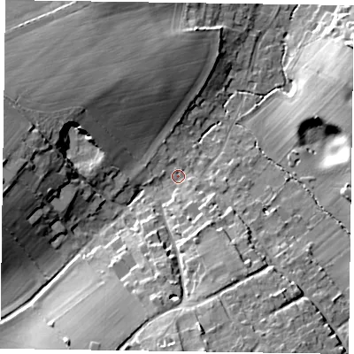 Shaded relief map of the ground around GU105NU, computed from Environment Agency LiDAR. The ground here sits at about 85 m above sea level and falls 16 m across the surrounding 800 m. Surface water reaching this point runs off ground lying to the west, 14.2 m higher.