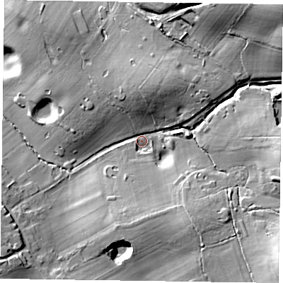 Shaded relief map of the ground around GU105PB, computed from Environment Agency LiDAR. The ground here sits at about 91 m above sea level and falls 33 m across the surrounding 800 m. Surface water reaching this point runs off ground lying to the north-east, 26.7 m higher.