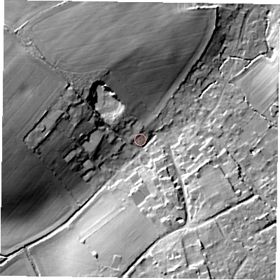 Shaded relief map of the ground around GU105PN, computed from Environment Agency LiDAR. The ground here sits at about 86 m above sea level and falls 19 m across the surrounding 800 m. Surface water reaching this point runs off ground lying to the west, 16.6 m higher.