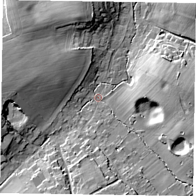 Shaded relief map of the ground around GU105QY, computed from Environment Agency LiDAR. The ground here sits at about 84 m above sea level and falls 17 m across the surrounding 800 m. Surface water reaching this point runs off ground lying to the west, 11.8 m higher.