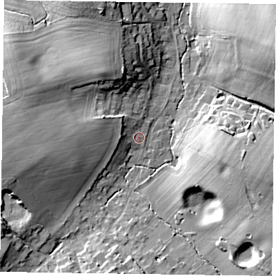 Shaded relief map of the ground around GU105QZ, computed from Environment Agency LiDAR. The ground here sits at about 84 m above sea level and falls 18 m across the surrounding 800 m. Surface water reaching this point runs off ground lying to the west, 7.7 m higher.
