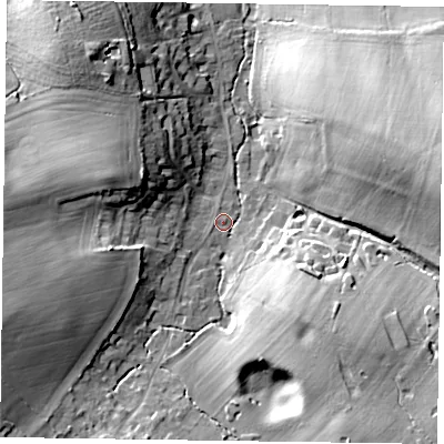 Shaded relief map of the ground around GU105RA, computed from Environment Agency LiDAR. The ground here sits at about 83 m above sea level and falls 21 m across the surrounding 800 m. Surface water reaching this point runs off ground lying to the south-east, 12.9 m higher.