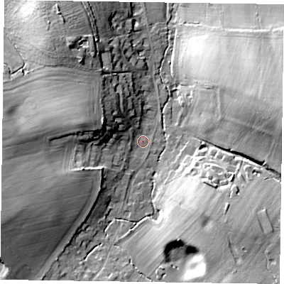 Shaded relief map of the ground around GU105RB, computed from Environment Agency LiDAR. The ground here sits at about 83 m above sea level and falls 20 m across the surrounding 800 m. Surface water reaching this point runs off ground lying to the west-south-west, 10.8 m higher.