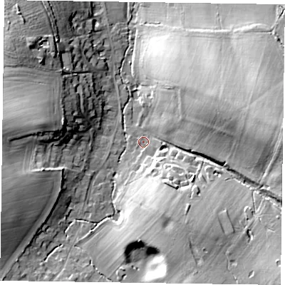 Shaded relief map of the ground around GU105RF, computed from Environment Agency LiDAR. The ground here sits at about 83 m above sea level and falls 23 m across the surrounding 800 m. Surface water reaching this point runs off ground lying to the south-south-east, 10.0 m higher.