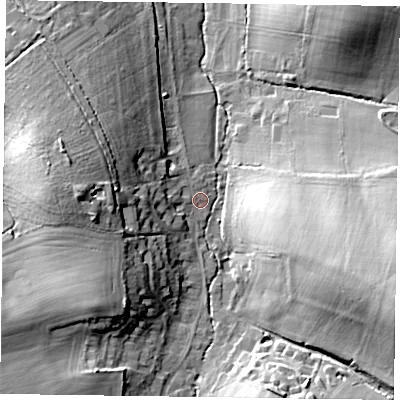 Shaded relief map of the ground around GU105RQ, computed from Environment Agency LiDAR. The ground here sits at about 82 m above sea level and falls 23 m across the surrounding 800 m. Surface water reaching this point runs off ground lying to the east-south-east, 20.9 m higher.