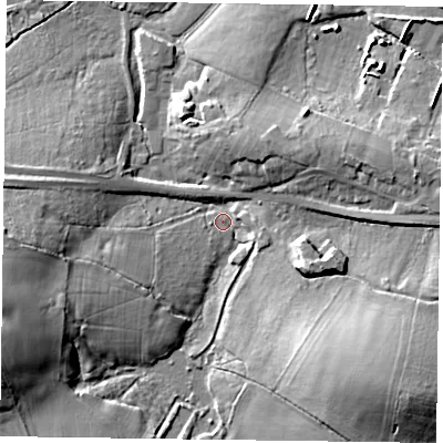 Shaded relief map of the ground around GU105RR, computed from Environment Agency LiDAR. The ground here sits at about 78 m above sea level and falls 16 m across the surrounding 800 m. Surface water reaching this point runs off ground lying to the south-east, 14.9 m higher.
