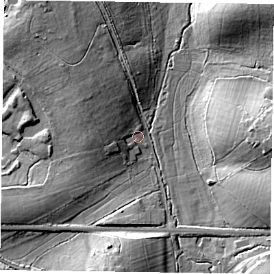Shaded relief map of the ground around GU105RU, computed from Environment Agency LiDAR. The ground here sits at about 78 m above sea level and falls 14 m across the surrounding 800 m. Surface water reaching this point runs off ground lying to the west-north-west, 7.3 m higher.