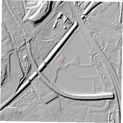 Shaded relief map of the ground around GU112PT, computed from Environment Agency LiDAR. The ground here sits at about 69 m above sea level and falls 21 m across the surrounding 800 m. Surface water reaching this point runs off ground lying to the north-north-east, 1.6 m higher.