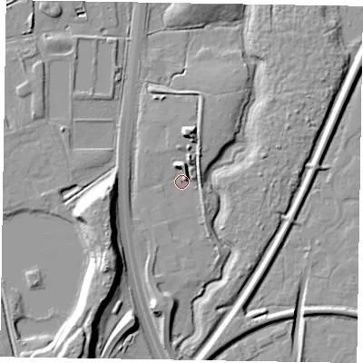 Shaded relief map of the ground around GU112PX, computed from Environment Agency LiDAR. The ground here sits at about 70 m above sea level and falls 19 m across the surrounding 800 m. Surface water reaching this point runs off ground lying to the north, 8.2 m higher.
