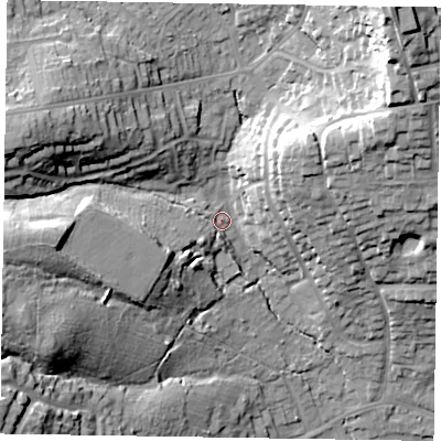 Shaded relief map of the ground around GU113LR, computed from Environment Agency LiDAR. The ground here sits at about 86 m above sea level and falls 43 m across the surrounding 800 m. Surface water reaching this point runs off ground lying to the north-east, 34.5 m higher.
